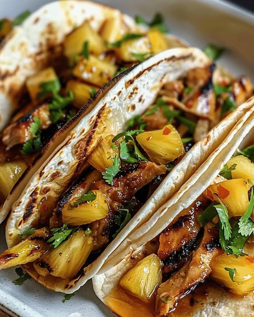 Three teriyaki chicken tacos in grilled flour tortillas, filled with sliced grilled chicken, pineapple chunks, fresh cilantro, and a glossy teriyaki glaze.