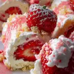 Close-up of a strawberry shortcake cheesecake roll topped with a whole strawberry, whipped cream, and powdered sugar, showing layers of sponge cake, creamy cheesecake filling, and fresh strawberries.