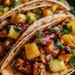 Close-up of teriyaki pineapple chicken tacos filled with grilled chicken chunks, juicy pineapple, red onion, sesame seeds, and cilantro in warm, lightly toasted tortillas.