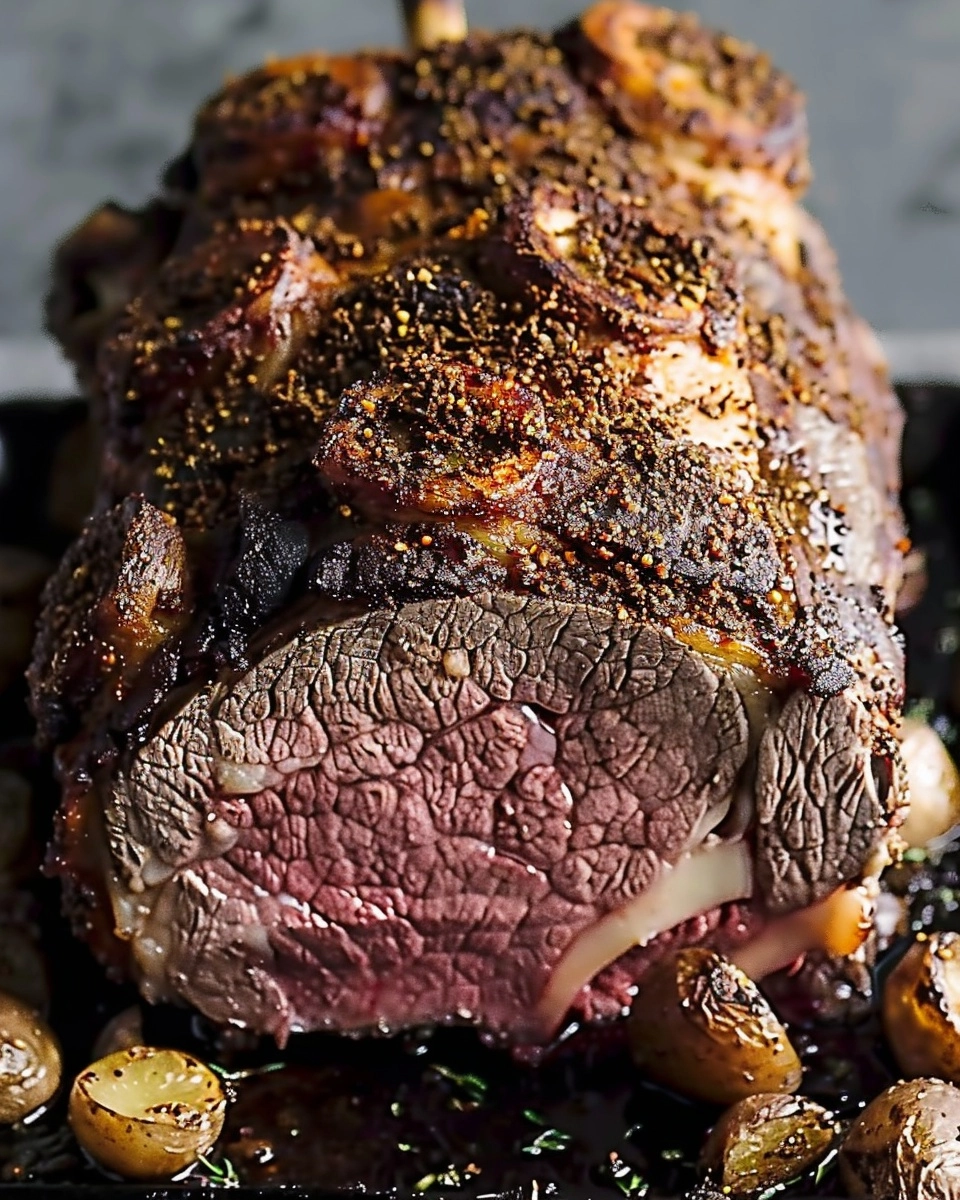 Herb-Crusted Standing Ribeye Roast with Pan Drippings Gravy Recipe