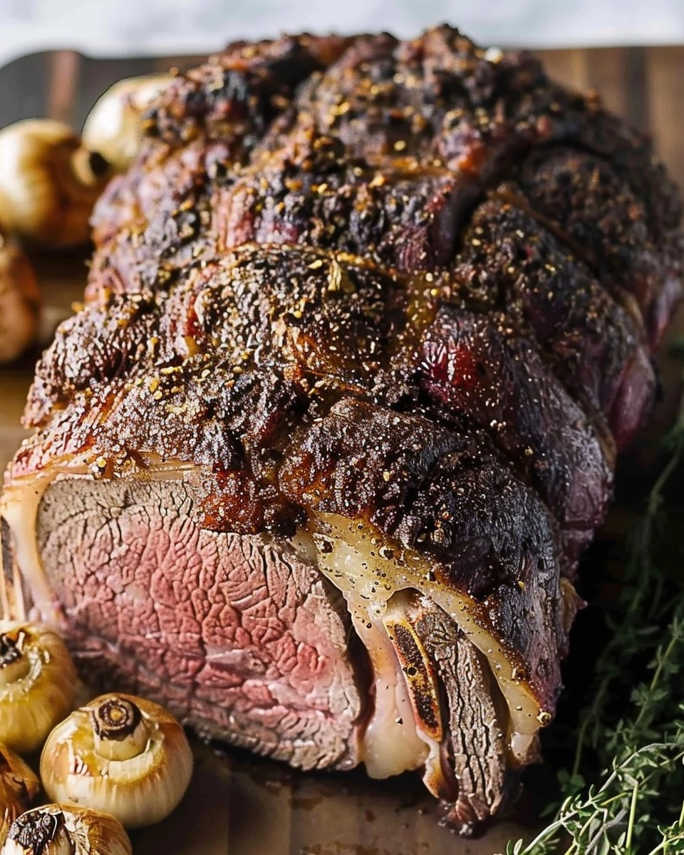 Herb-Crusted Standing Ribeye Roast with Pan Drippings Gravy Recipe - Recipe Image