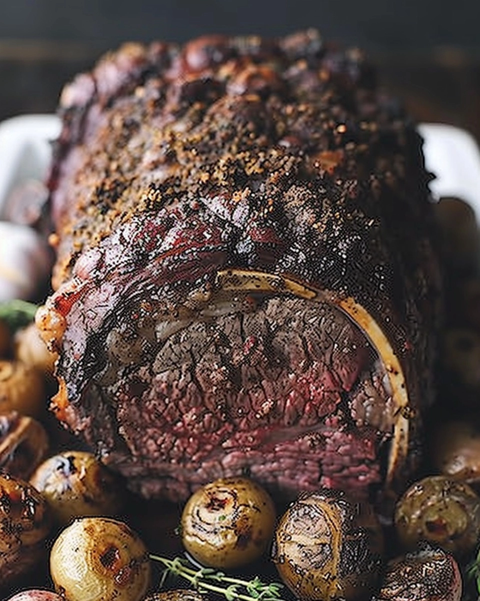 Herb-Crusted Standing Ribeye Roast with Pan Drippings Gravy Recipe - Recipe Image