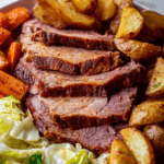 Tender sliced corned beef plated with roasted potatoes, cabbage, and carrots for a hearty comfort meal.