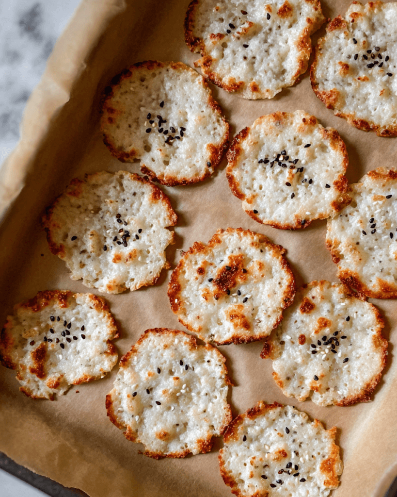 Close-up overhead shot of golden brown high protein cottage cheese chips sprinkled with black and white sesame seeds, cooling on brown parchment paper on a baking sheet.