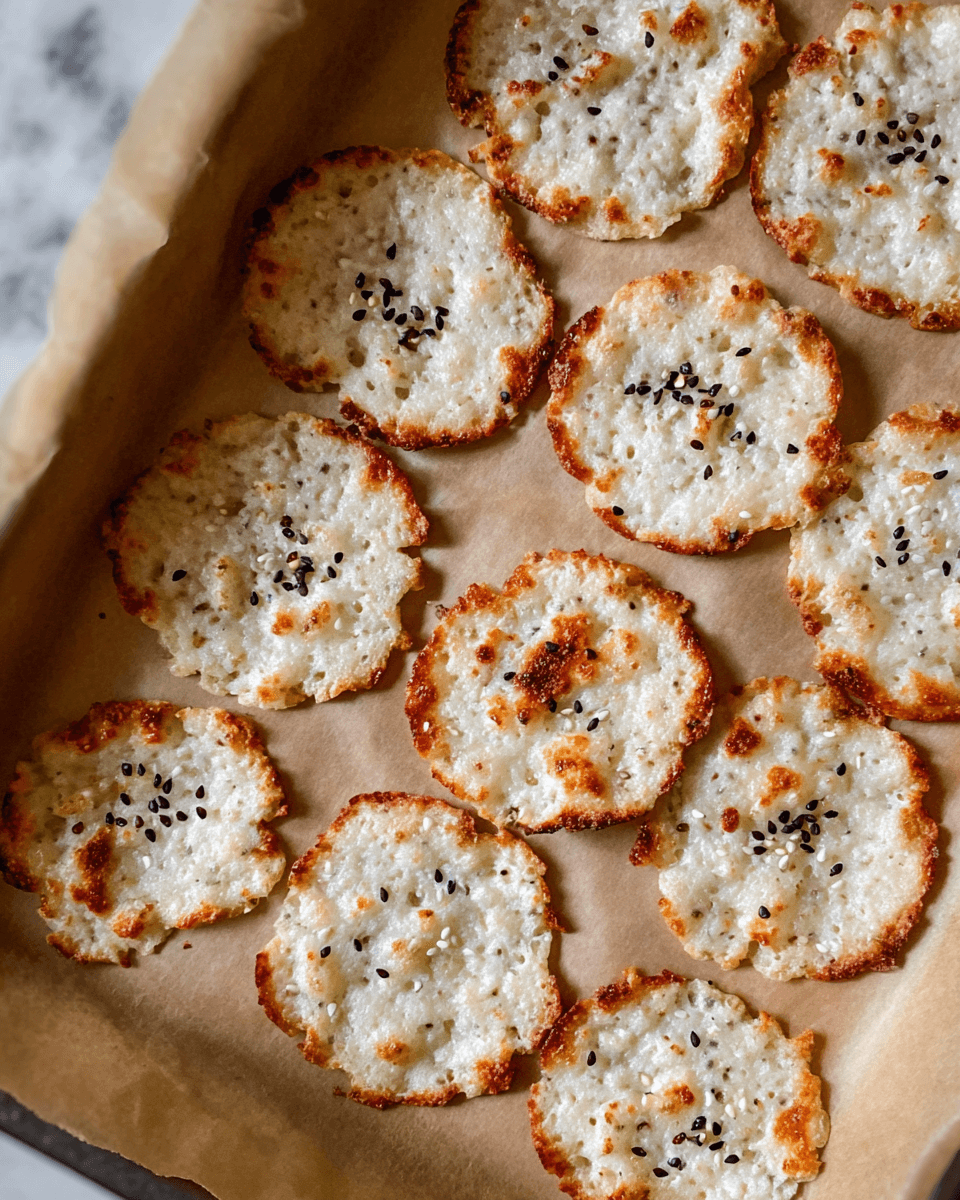 Close-up overhead shot of golden brown high protein cottage cheese chips sprinkled with black and white sesame seeds, cooling on brown parchment paper on a baking sheet.